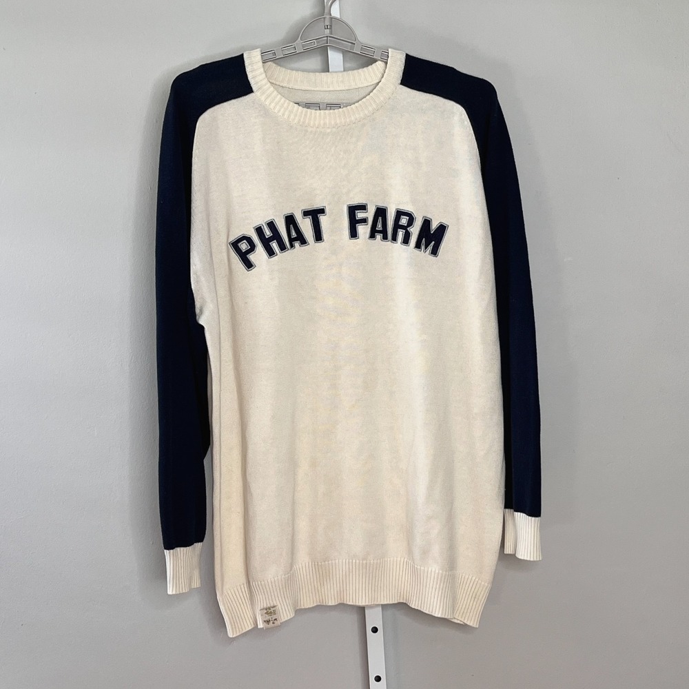 Vintage Phat Farm Sweater 2XLT Baggy Hip Hop 90s Y2K Spell Out Knit‎ Cream Navy